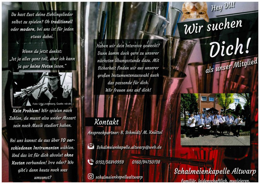 zeigt Außenseite des Infoflyers der Schalmeienkapelle Altwarp