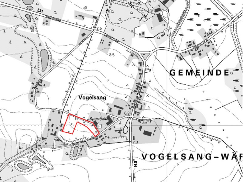 zeigt teilweisen Übersichtsplan der Gemeinde Vogelsang-Warsin mit Markierung des Bereichs der Planänderung