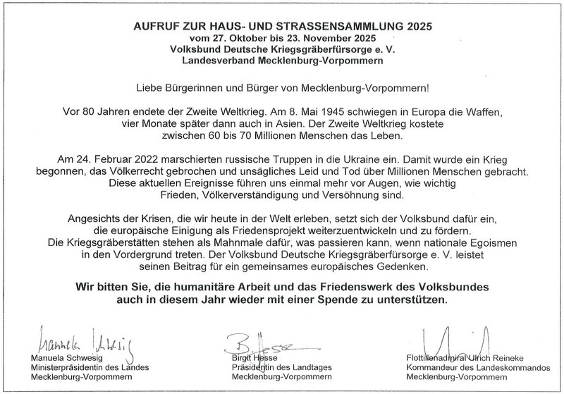 zeigt Aufruf zur Haus und Straßensammlung 2025 des Volksbundes Deutsche Kriegsgräberfürsorge