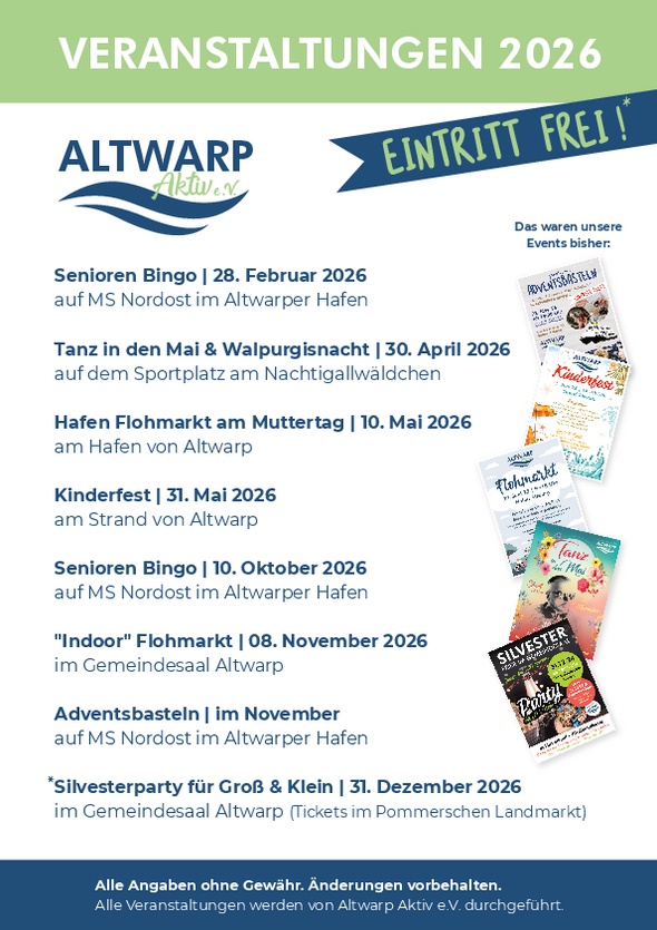 zeigt Plakat mit Veranstaltungen des Vereins Altwarp Aktiv e.V. in 2026