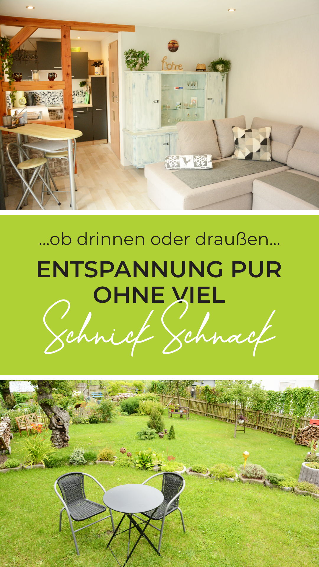 zeigt Innenansicht des Wohnbereichs und Außenanlage mit Sitzgruppe